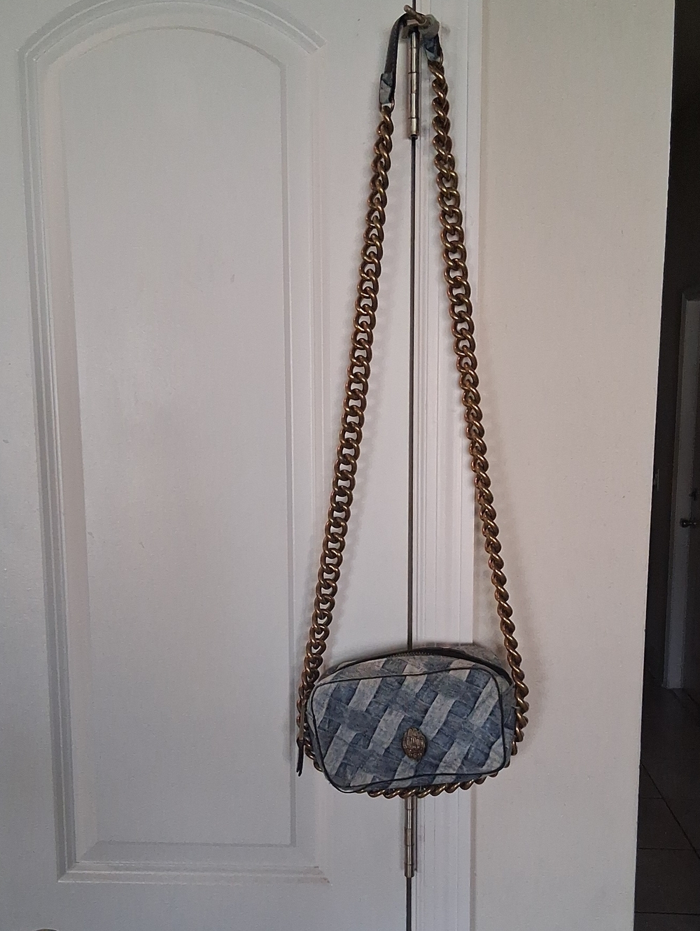 Kurt Geiger Quilted Denim-Look Crossbody with Gold Chain